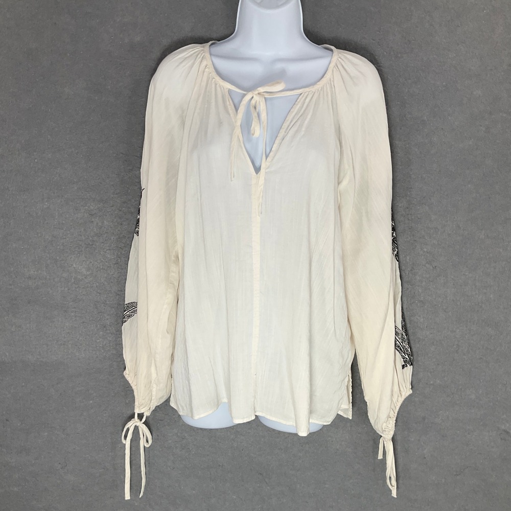 H&M Embroidered Long Sleeve Peasant Top Tie‎ Neck Bohemian Blouse Sz S Festival